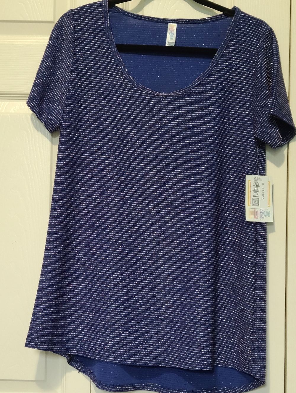 Metallic Stretch Knit Blue Short Sleeve Scoop Neck LuLaRoe Classic T Tunic Top